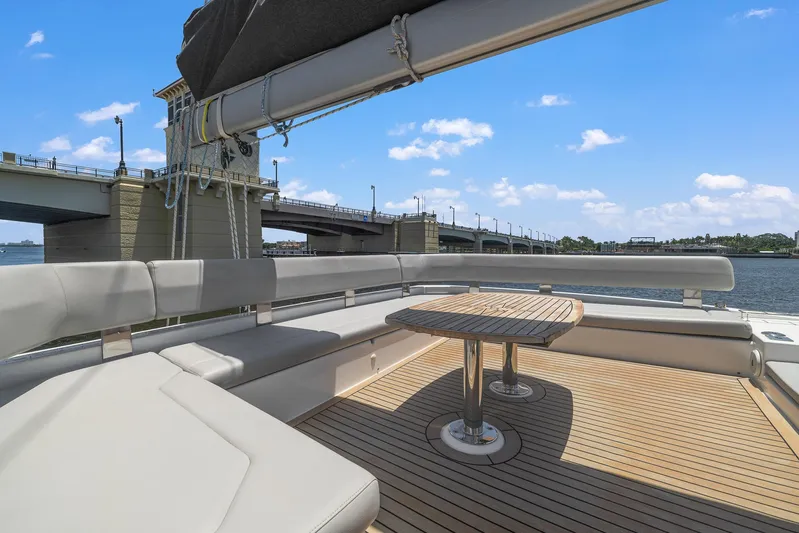 One Love Yacht Photos Pics 2019 Leopard 50 yacht deck with seating and table, bridge and water view.