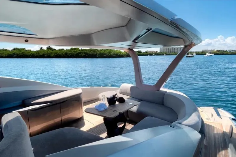  Yacht Photos Pics Luxurious Tecnomar Evo 55 yacht interior with scenic ocean view, 2017 model.