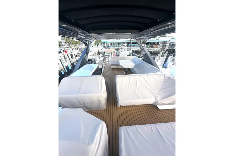 American Dream Yacht Photos Pics Luxurious 2023 Schaefer 660 yacht deck with covered seating and dining area.