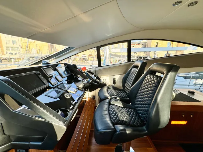The Office Yacht Photos Pics Luxurious interior of 2015 Sunseeker Manhattan 55 yacht with leather seating and modern controls.