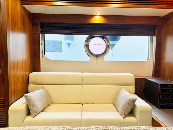 The Office Yacht Photos Pics Luxurious Sunseeker Manhattan 55 yacht interior with elegant white sofa, 2015 model.