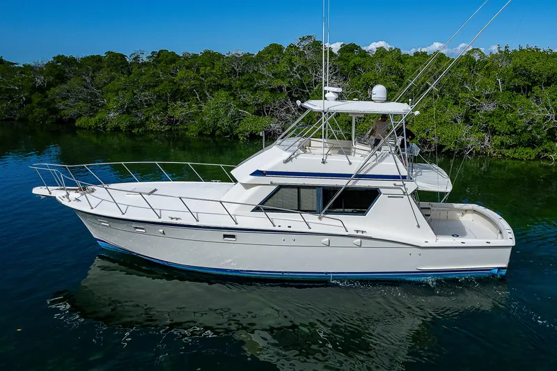 Miss Print IV Yacht Photos Pics 1987 Hatteras 52 Convertible yacht on calm water with lush green background.