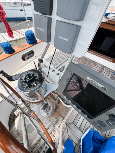 Della Therese Yacht Photos Pics Cockpit of 1986 Tayana Vancouver 42 sailboat with navigation instruments and compass.