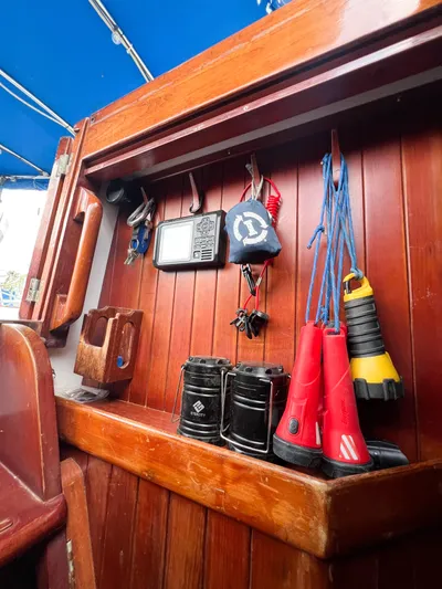 Della Therese Yacht Photos Pics Wooden interior of 1986 Tayana Vancouver 42 sailboat with nautical equipment and accessories.