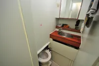 Compact bathroom in 2008 Trimaran POLYNESIA 42 with sink, mirror, and toilet.