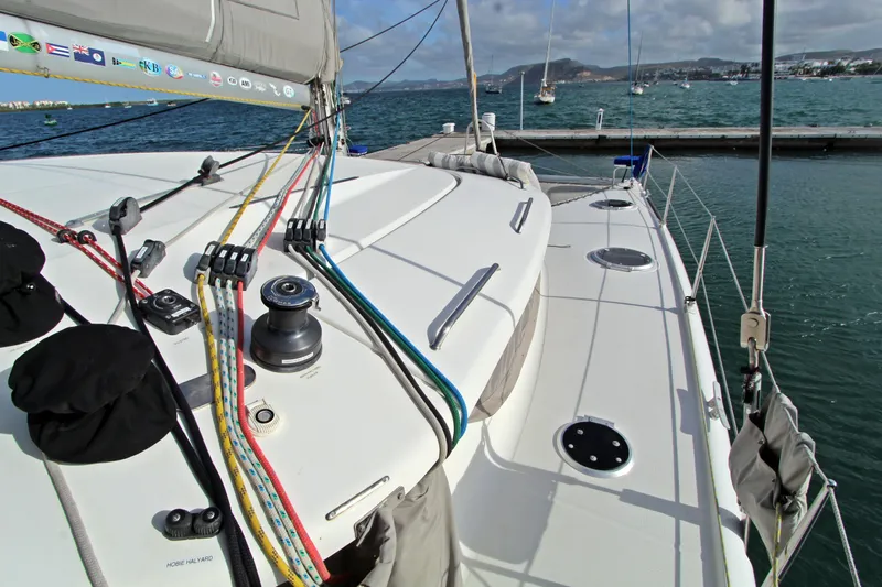  Yacht Photos Pics 2008 Fountaine Pajot Orana 44 catamaran deck with colorful ropes and winches.