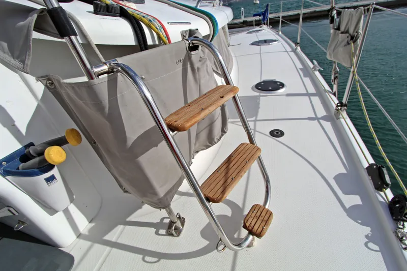  Yacht Photos Pics Deck of 2008 Fountaine Pajot Orana 44 catamaran with ladder and ocean view.
