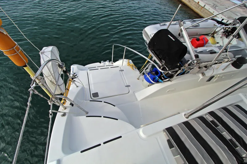  Yacht Photos Pics 2008 Fountaine Pajot Orana 44 catamaran deck with equipment and water view.