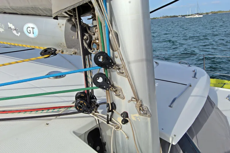  Yacht Photos Pics Close-up of 2008 Fountaine Pajot Orana 44 sailboat rigging and mast details.