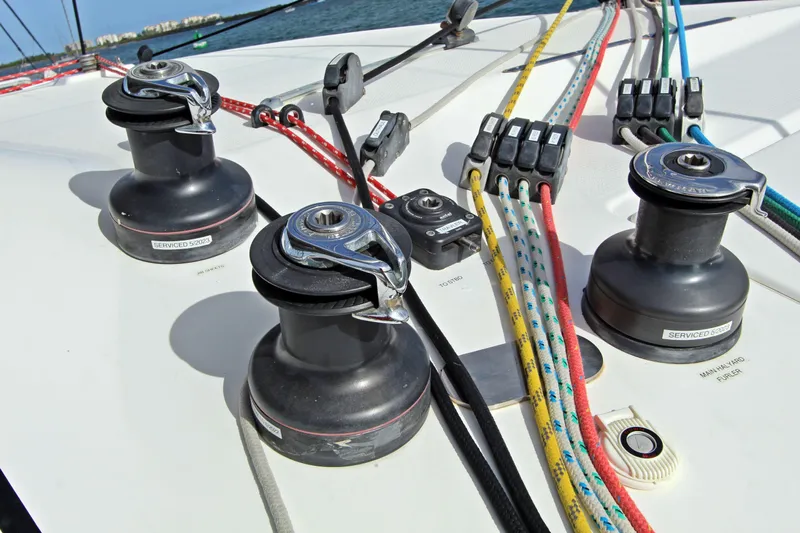  Yacht Photos Pics Winches and ropes on 2008 Fountaine Pajot Orana 44 catamaran deck.