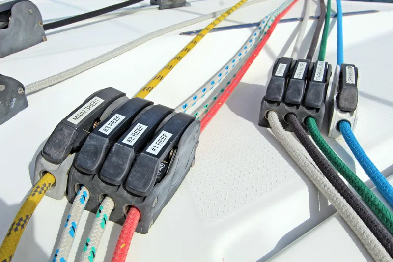  Yacht Photos Pics Close-up of labeled sailing ropes on a 2008 Fountaine Pajot Orana 44 catamaran.