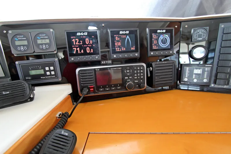  Yacht Photos Pics Control panel of 2008 Fountaine Pajot Orana 44 catamaran with navigation instruments.