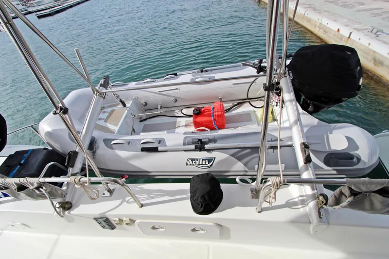 Yacht Photos Pics Inflatable dinghy on 2008 Fountaine Pajot Orana 44 catamaran, docked at marina.
