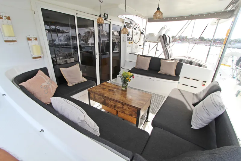  Yacht Photos Pics Luxurious 2008 Fountaine Pajot Orana 44 yacht interior with elegant seating and decor.
