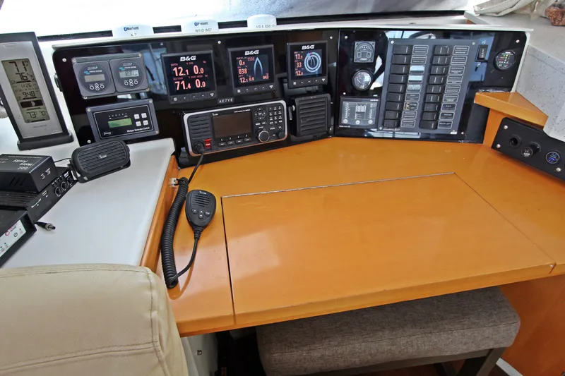  Yacht Photos Pics Navigation station of 2008 Fountaine Pajot Orana 44 catamaran with advanced control panels.