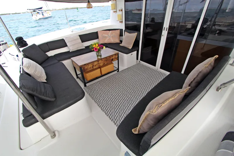  Yacht Photos Pics Luxurious 2008 Fountaine Pajot Orana 44 yacht interior with comfortable seating and ocean view.