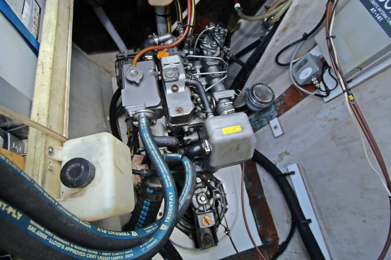  Yacht Photos Pics Engine compartment of 2008 Fountaine Pajot Orana 44 catamaran, showcasing mechanical components.