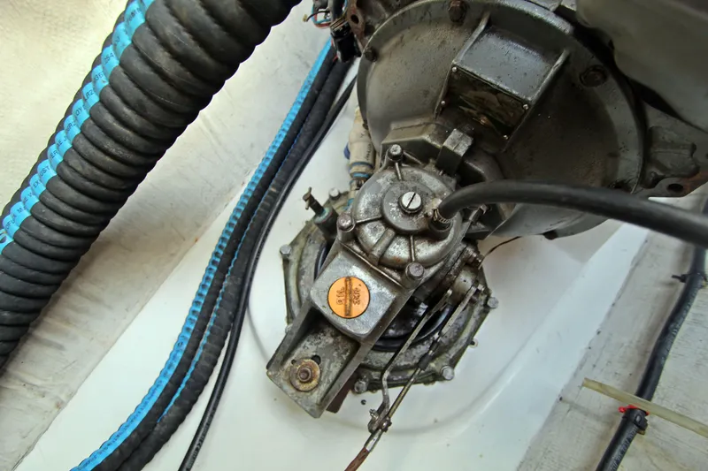  Yacht Photos Pics Engine compartment of a 2008 Fountaine Pajot Orana 44 catamaran, showing mechanical components.