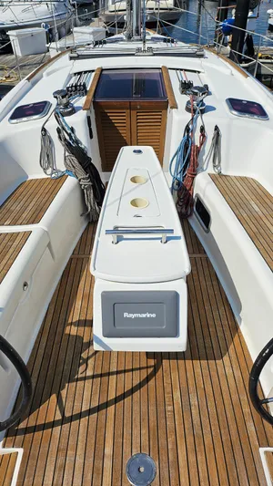 Superstition Yacht Photos Pics Beneteau Oceanis 40 sailboat deck, 2012 model, featuring teak flooring and Raymarine equipment.