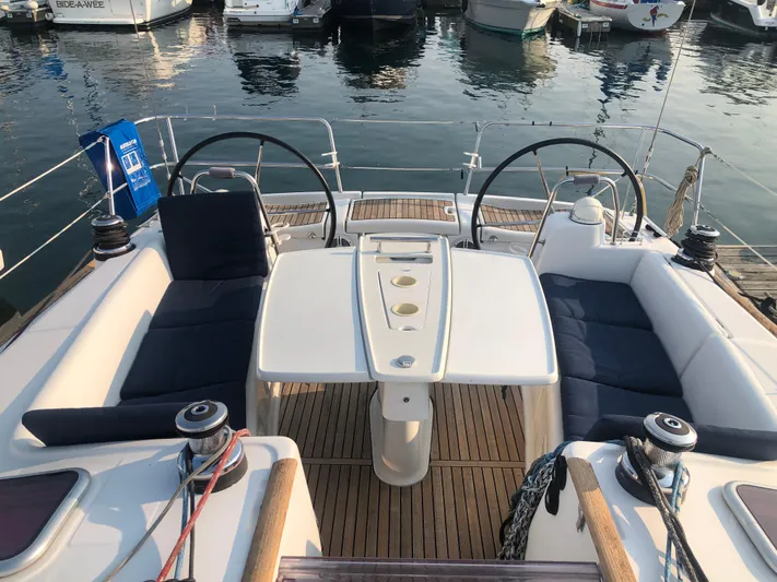 Superstition Yacht Photos Pics Cockpit of 2012 Beneteau Oceanis 40 sailboat with dual steering wheels and seating.