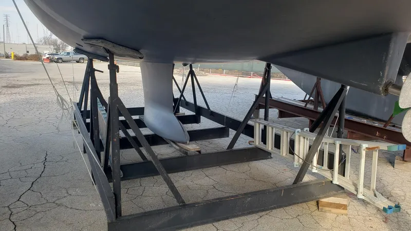 Superstition Yacht Photos Pics Beneteau Oceanis 40 sailboat keel on support stands, 2012 model, in a dry dock.