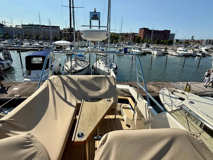  Yacht Photos Pics Targa 44 yacht docked at marina, 2016 model, with covered seating and wooden deck.