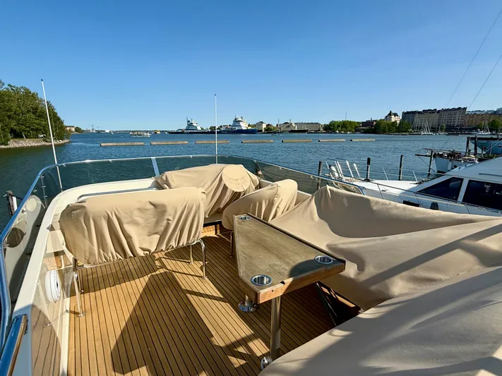  Yacht Photos Pics Deck view of 2016 Targa 44 yacht with covered seating, overlooking a serene waterfront.