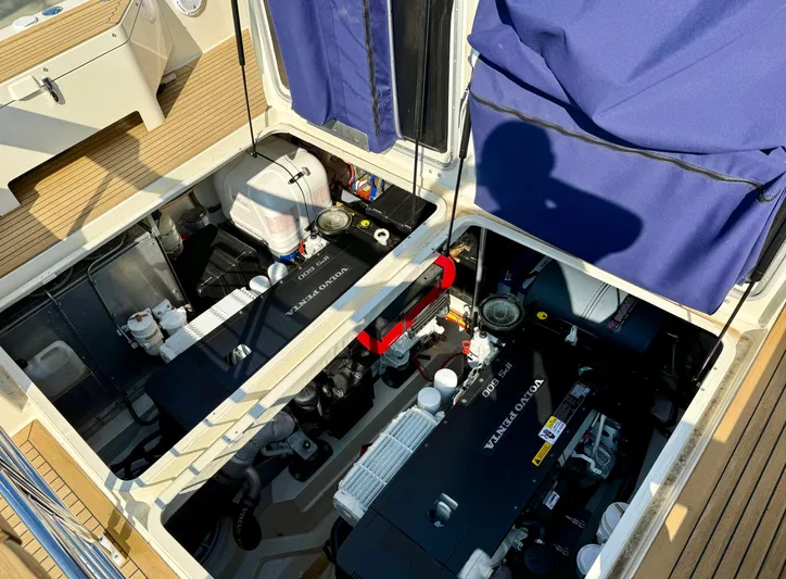  Yacht Photos Pics Engine compartment of a 2016 Targa 44 boat with Volvo Penta engines.