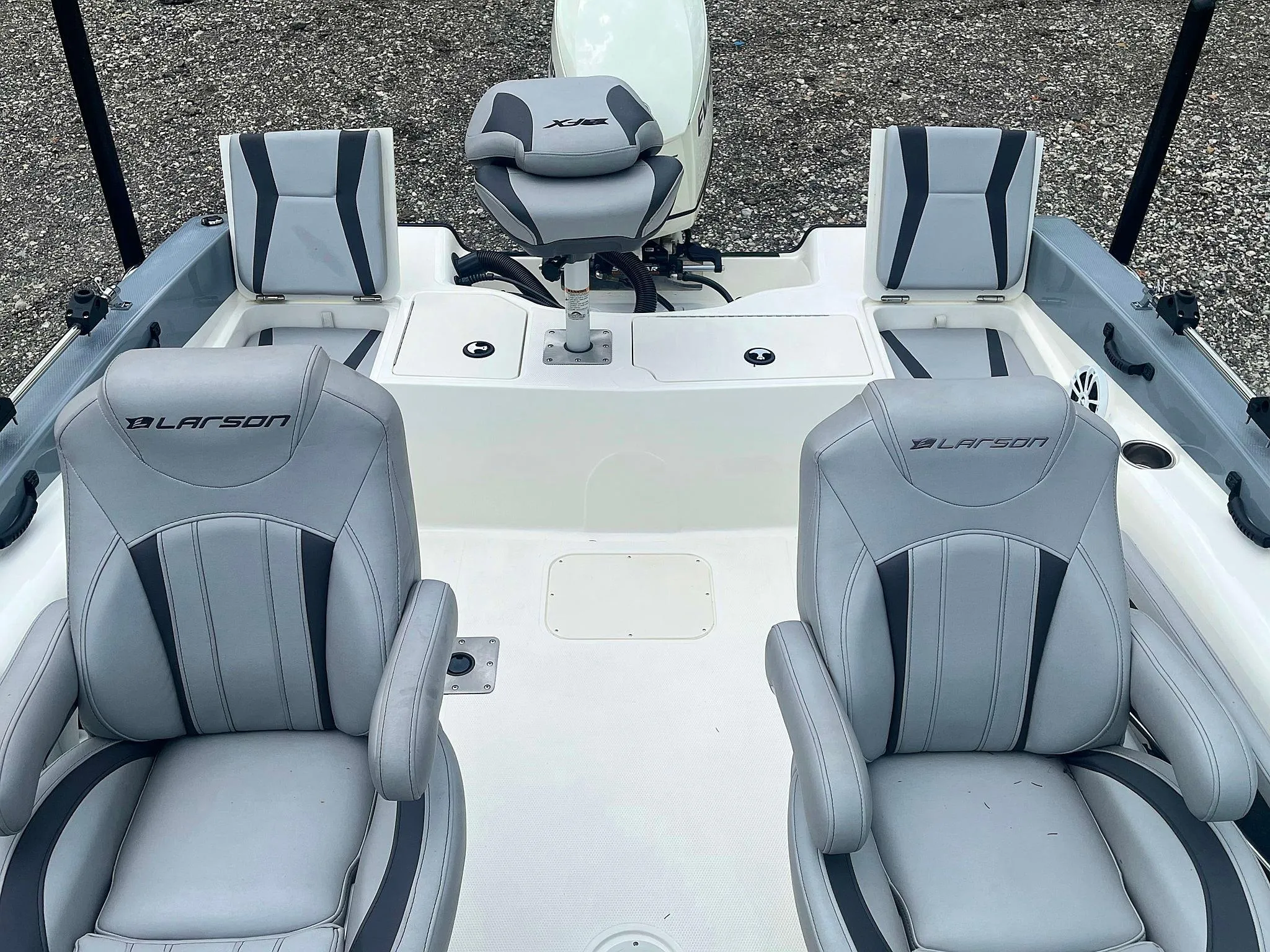 2018 Larson 1850 FX DC boat interior with gray seating and modern design.