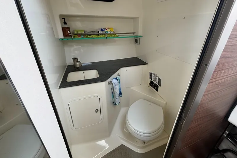  Yacht Photos Pics 2020 Boston Whaler 325 Conquest Pilothouse bathroom with sink, toilet, and storage shelf.