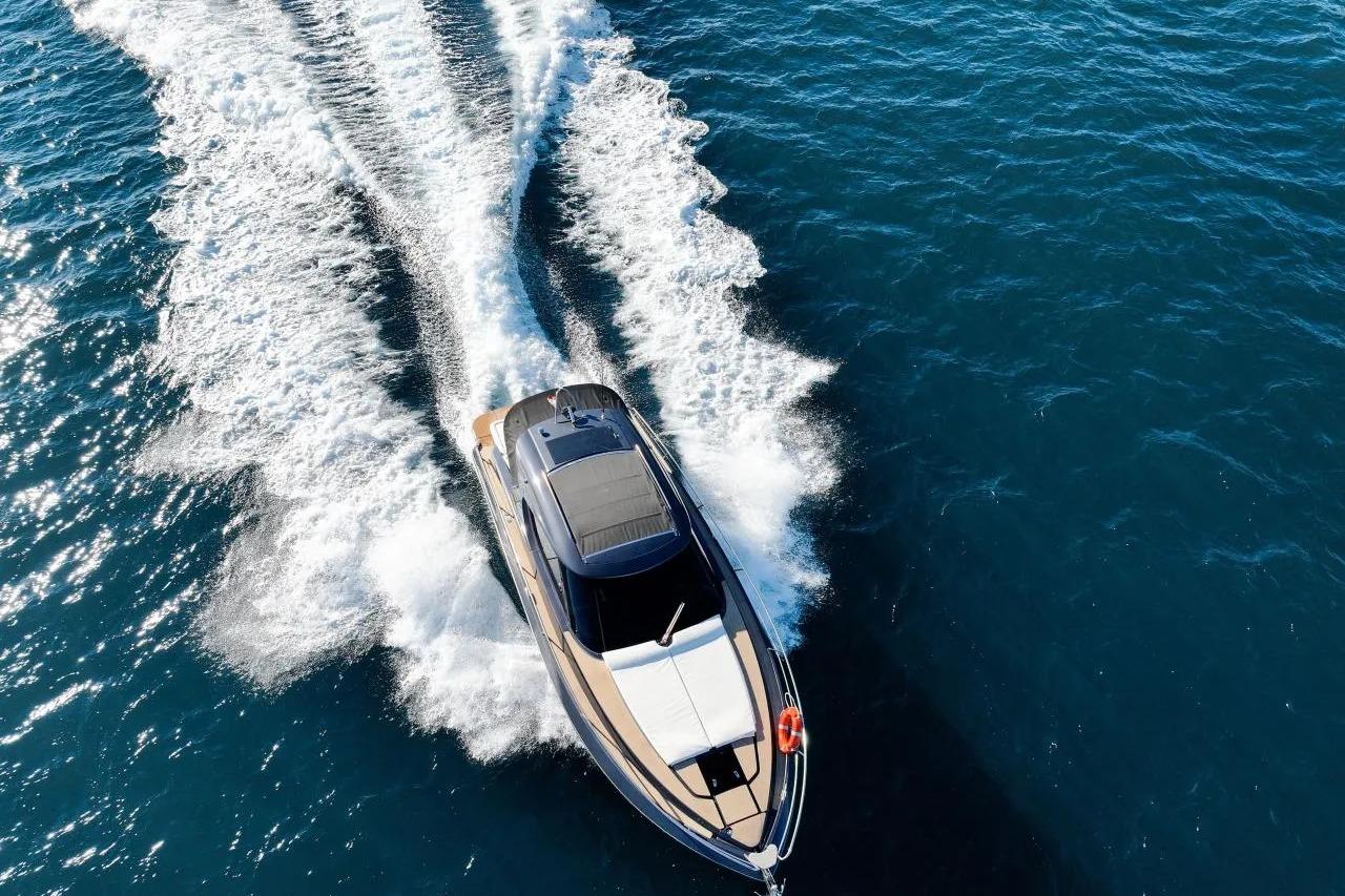 2023 Focus Power 36 yacht cruising on open blue water.