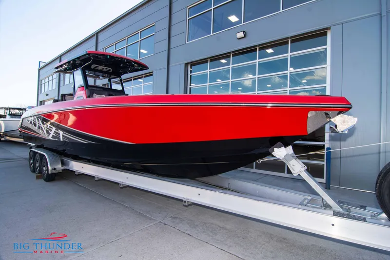  Yacht Photos Pics 2024 Donzi 39 VRZ boat in red and black on a trailer at Big Thunder Marine.