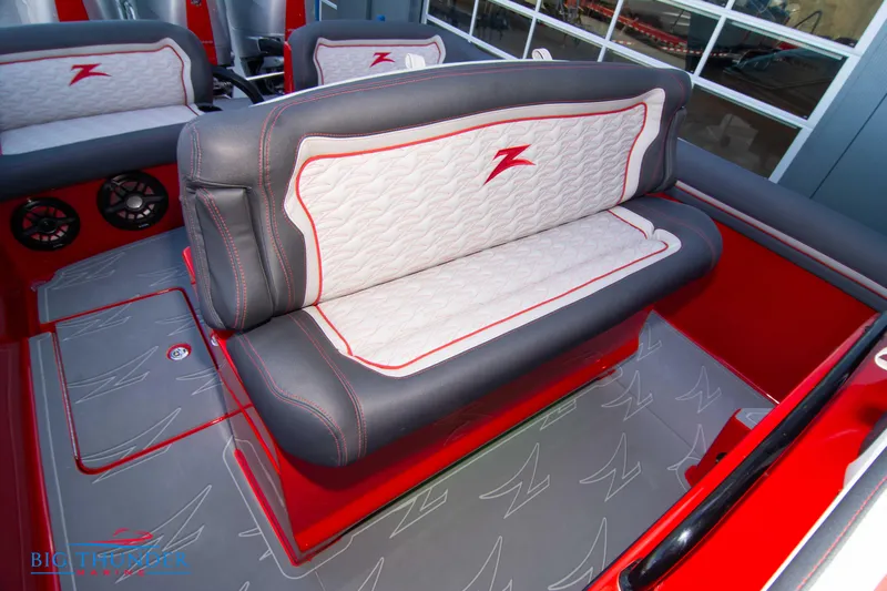  Yacht Photos Pics 2024 Donzi 39 VRZ boat interior with custom seating and red accents.