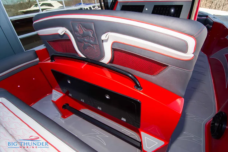  Yacht Photos Pics 2024 Donzi 39 VRZ boat interior with red and gray seating, Big Thunder Marine logo.
