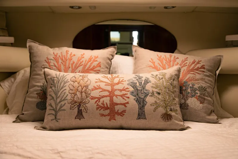 Skiesta Yacht Photos Pics Decorative pillows in the cabin of a 2002 Riviera 40 Flybridge yacht.