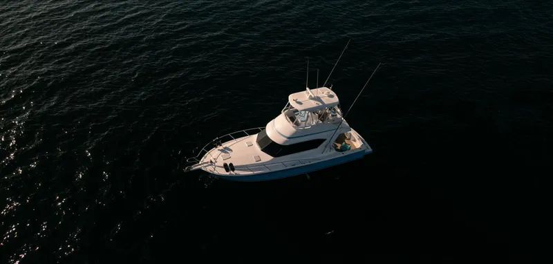 Skiesta Yacht Photos Pics Aerial view of a 2002 Riviera 40 Flybridge boat on open water.