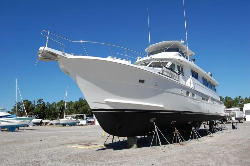  Yacht Photos Pics 1990 Hatteras 78 Aft Cockpit Motoryacht on dry dock for maintenance.