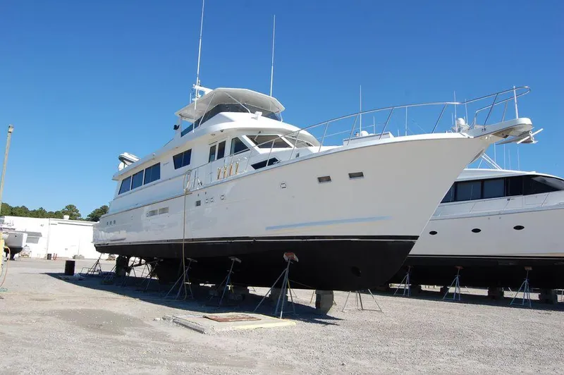  Yacht Photos Pics 1990 Hatteras 78 Aft Cockpit Motoryacht on dry dock for maintenance.