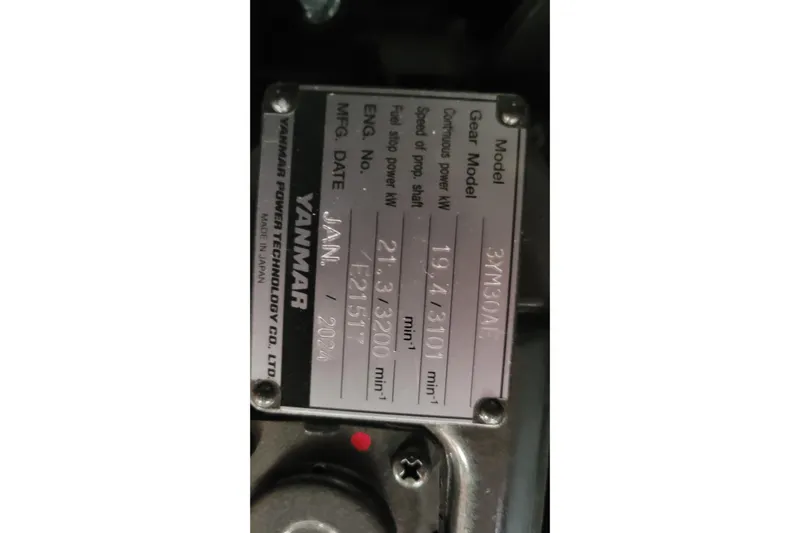 Yacht Photos Pics Yanmar engine plate on 2024 Hanse 388, model 3YM30AE, manufactured January 2024.