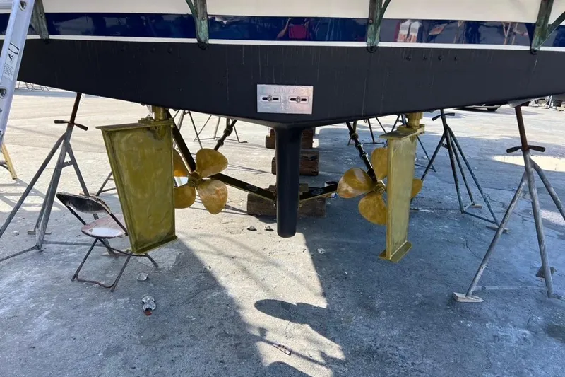 Bedouin Yacht Photos Pics 1998 DeFever 44 Sundeck Trawler propellers and rudders on dry dock.