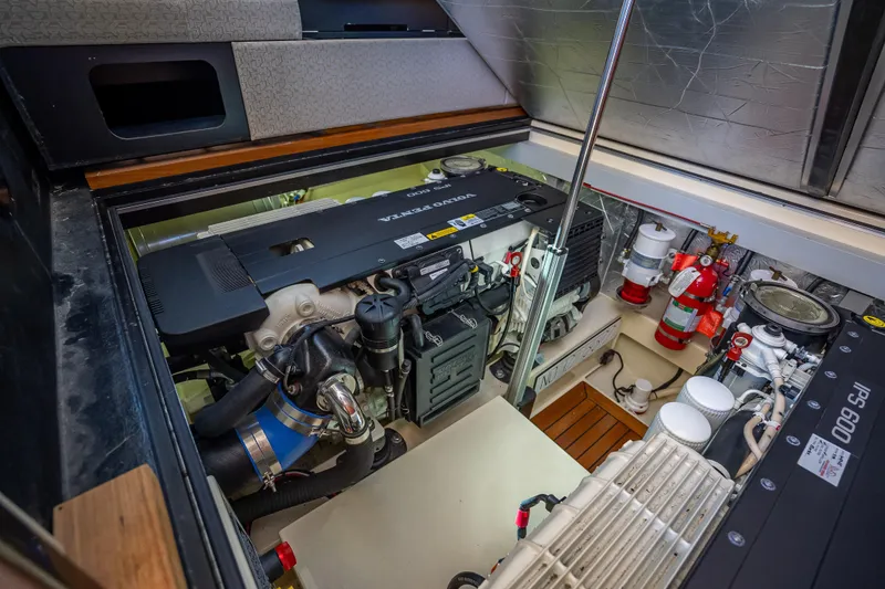 Miller Time Yacht Photos Pics Engine room of 2017 Palm Beach Motor Yachts PB45, featuring Volvo Penta IPS 600 engines.