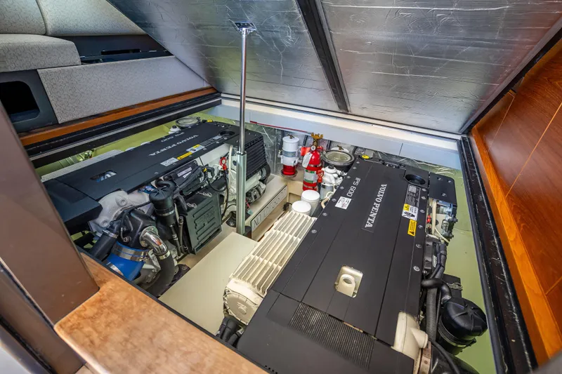 Miller Time Yacht Photos Pics Engine compartment of 2017 Palm Beach Motor Yachts PB45, featuring Volvo Penta engines.