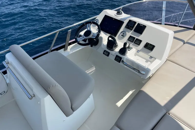  Yacht Photos Pics Cockpit of 2021 Prestige 460 yacht with modern controls and ocean view.