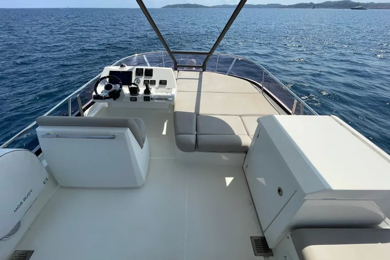  Yacht Photos Pics Flybridge of 2021 Prestige 460 yacht with helm station, seating, and ocean view.