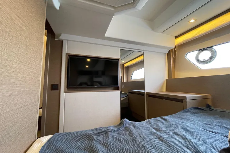  Yacht Photos Pics Luxurious interior of 2021 Prestige 460 yacht with modern design and cozy bedroom.