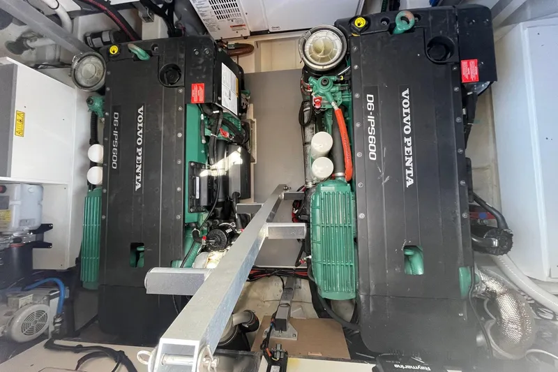  Yacht Photos Pics Engine room of a 2021 Prestige 460 yacht with Volvo Penta D6-IPS600 engines.