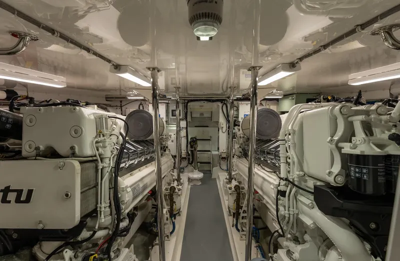 Resilient Yacht Photos Pics Engine room of 2018 Hatteras GT70 yacht, featuring dual MTU engines.