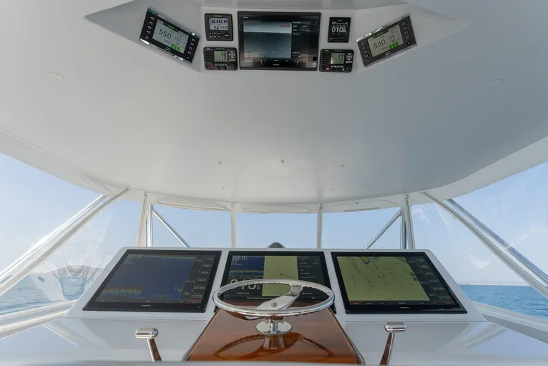 Resilient Yacht Photos Pics 2018 Hatteras GT70 yacht helm with advanced navigation displays and steering wheel.