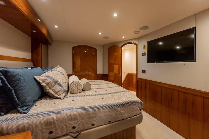 Resilient Yacht Photos Pics Luxurious cabin interior of 2018 Hatteras GT70 yacht with cozy bedding and modern amenities.