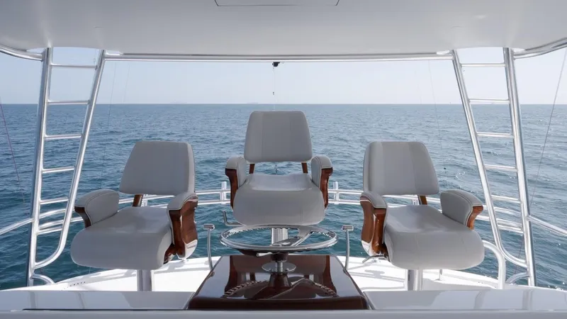 Resilient Yacht Photos Pics 2018 Hatteras GT70 yacht helm with three white captain chairs overlooking the ocean.